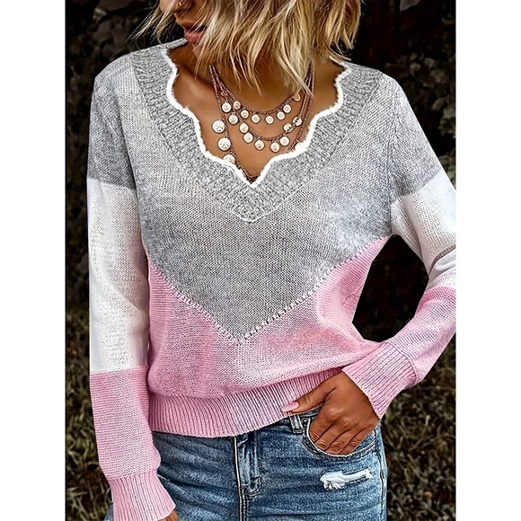Women'S Casual V-Neck Sweater - Color Block Patchwork Design, Long Sleeve Pullov - Picture 1 of 3